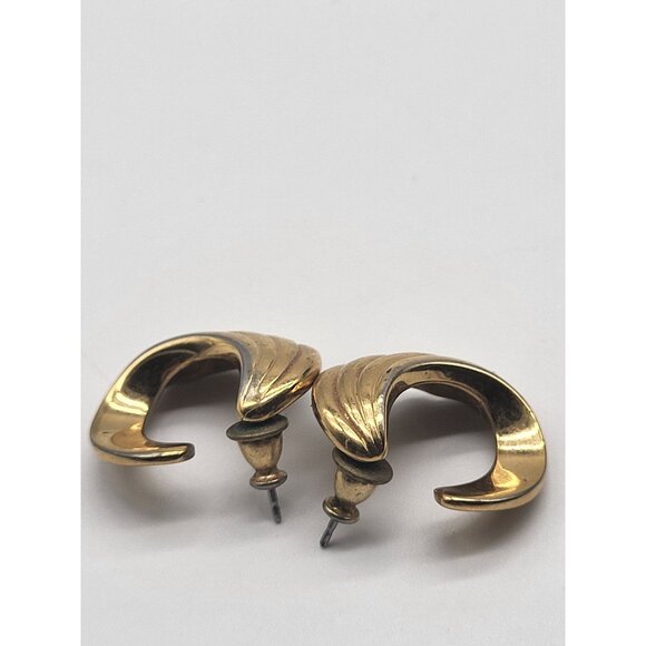 Monet Vintage Gold Tone Pierced Earrings Swirl C Half Hoop Classic - Picture 3 of 7